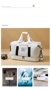 Macro detail of white quilted fitness bag with bottom shoe compartment and black straps