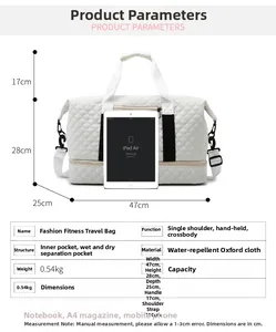 Size chart showing large capacity sports bag dimensions with 47cm width and 28cm height