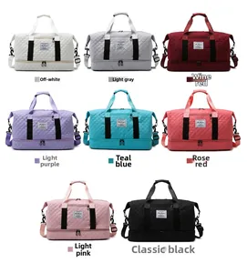 Multi-color quilted travel bags with bottom shoe compartment and adjustable straps