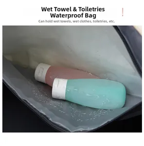 Waterproof compartment of the travel bag storing wet towels and silicone toiletries