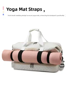 Detail view of white quilted gym bag with front elastic straps securing a pink yoga mat