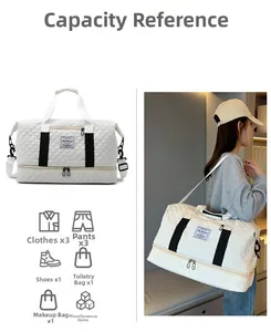 Quilted white travel bag featuring wet-dry separation compartment and large capacity