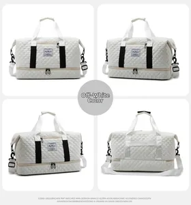 Multiple views of a beige quilted sports travel bag with large capacity and straps