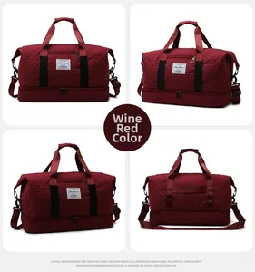 Detail view of burgundy quilted sports bag showing main pockets and separate shoe compartment