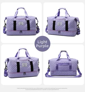 Detailed views of light purple quilted travel bag with shoe compartment and straps