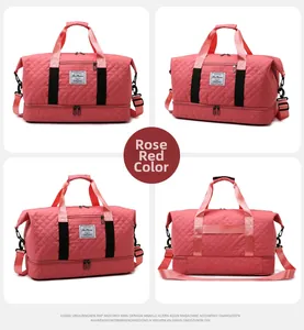 Quilted rose red yoga bag with bottom shoe compartment and adjustable strap