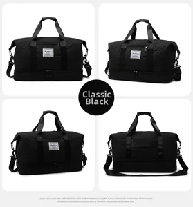 Detailed views of a black quilted sports travel bag with a separate shoe compartment