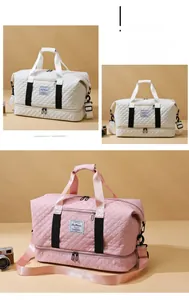 Detailed view of quilted travel bags with large capacity and separate bottom compartment