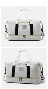 Detail view of white quilted sports gym bag featuring diamond texture and dual bottom layers