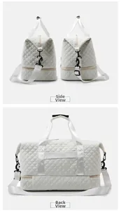 Detailed side and back view of white quilted gym bag with wet dry storage and shoe compartment