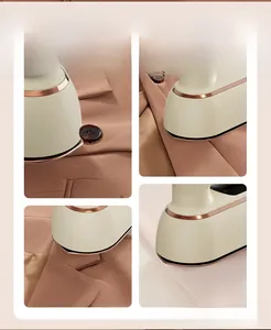Detail shots of portable steam iron smoothing buttons, collars, lapels, and pant lines