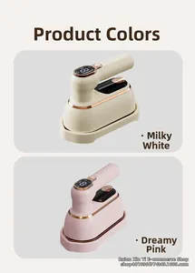Dual view of portable handheld steamers in creamy white and dreamy pink with LCD displays
