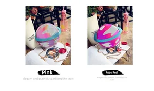 Detail view of pink and rose red planetary shoulder bags with laser holographic texture
