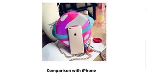 Detail view of pink laser planet bag with blue glitter rings next to a smartphone for size comparison
