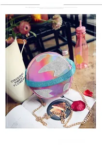 Creative holographic planet-shaped crossbody bag with silver sequins and golden chain