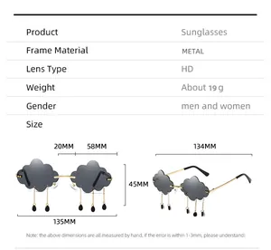 Detailed size chart and specifications for cloud-shaped rimless metal sunglasses