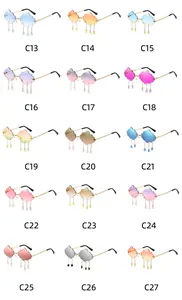 Grid layout showing multiple colors of cloud-shaped rimless sunglasses with raindrop charms