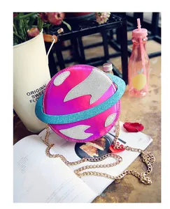 Detail of pink holographic planet crossbody bag with shimmering blue rings and gold chain
