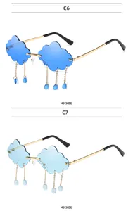Close-up of cloud-shaped rimless sunglasses with gold chains and blue waterdrop charms