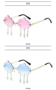 Detailed 45-degree view of rimless cloud-shaped sunglasses with metal chain waterdrop charms