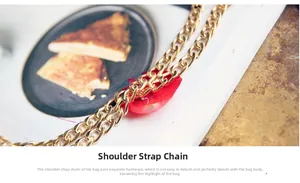 Macro view of bright gold metal chain strap with polished ring links for handbags