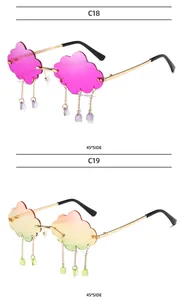 Cloud-shaped rimless sunglasses featuring crystal raindrop charms in C18 and C19 styles