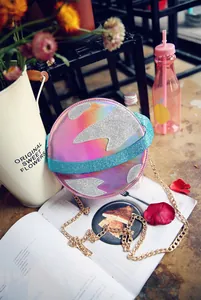 Macro detail of planet shaped crossbody bag with holographic laser finish and gold chain
