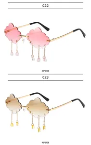Detail of cloud-shaped rimless sunglasses with dangling rain drop charm tassels