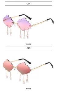 Detailed 45-degree side view of cloud shaped rimless sunglasses with metal raindrops