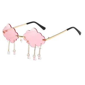 Frameless cloud-shaped sunglasses with pink lenses and raindrop tassel pendants