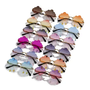 Frameless cloud shaped sunglasses with metallic rain drop pendants in multiple colors