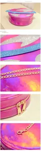 Macro detail of holographic planet crossbody bag showing metallic laser texture and zippers