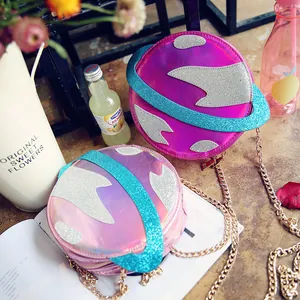 Women Holographic Planet Crossbody Bag Round Laser PU Leather Shoulder Bag With Gold Metal Chain Strap Creative Satchel