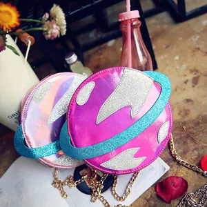 Round holographic planet crossbody bag with glitter star ring and gold chain strap