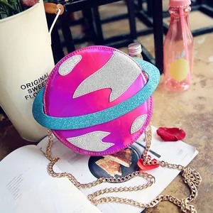 Chic holographic planet crossbody bag with glitter rings and gold metal chain strap