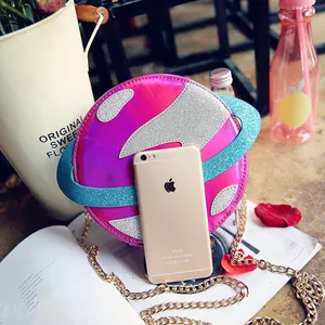 Holographic round planet crossbody bag with glitter planet rings and gold chain strap