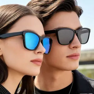 Fashionable polarized sunglasses featuring blue mirror and classic gray lenses in black frames