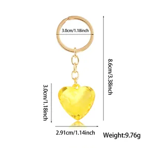 Detailed size chart showing yellow acrylic heart pendant keychain with gold chain and ring
