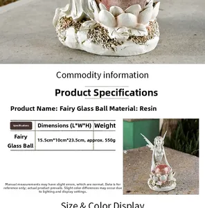 Detail of flower fairy resin statue holding a glass ball with lotus base garden decor