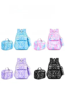 Three-piece school bag set with star print backpack, lunch bag, and pencil case in four colors