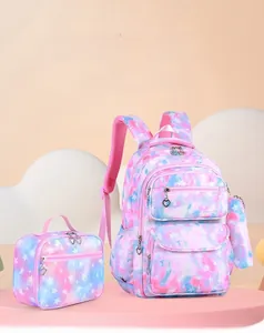 Three-piece school bag set with pink and blue starry gradient pattern and heart zippers