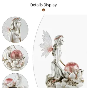 Detail view of flower fairy figurine holding pink cracked glass ball with lotus base