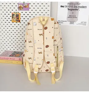 Detail of cute cream school backpack with cartoon bear print and side zipper pocket