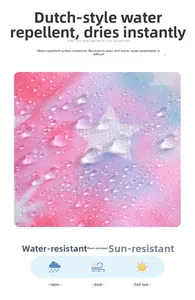 Close-up of waterproof gradient fabric with water droplets on star-patterned school backpack