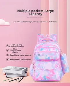 Detail view of pink purple star pattern school bag with multi-pocket storage sections