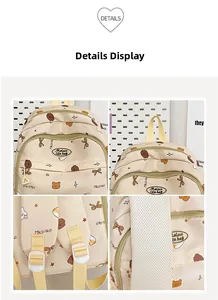 Macro view of beige canvas backpack with cute bear patterns and mesh shoulder straps