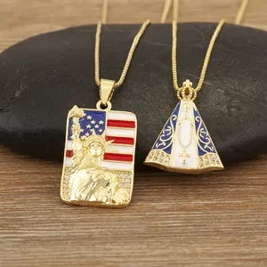Collier Pendentif en Cuivre Plaqué Or Véritable 18K Émail Vierge Marie Statue de la Liberté Drapeau Américain Bijoux Unisex