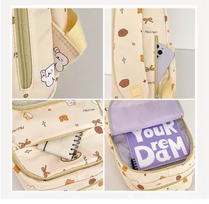 Detail views of beige cartoon backpack featuring anti-theft pocket and multi-compartments