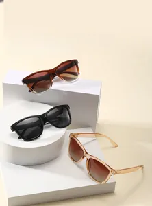 Three colors of polarized sunglasses displayed on white pedestals in a stylish arrangement