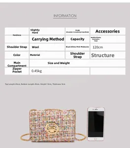 Size information and macro view of the colorful tweed chain bag with metal lock details